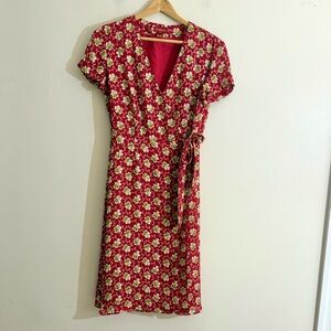 Sundance Red Pink Floral 100% Silk Genuine Wrap Dress Boho Anthro 6